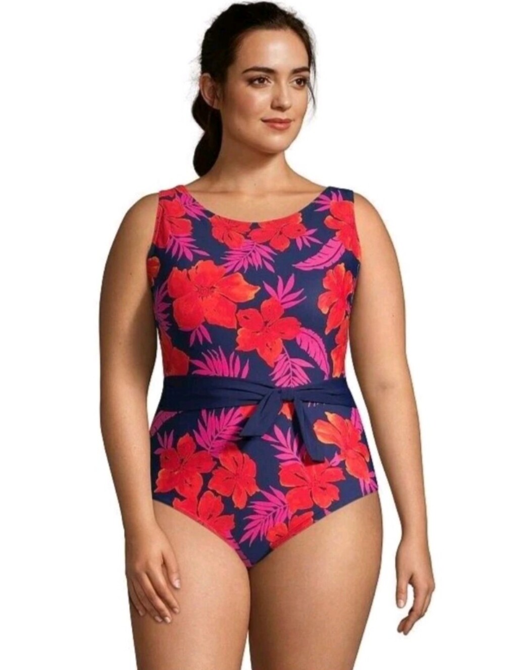Lands End High Neck Tummy Control Belted One Piece Swimsuit Womens Size 14 Blue
